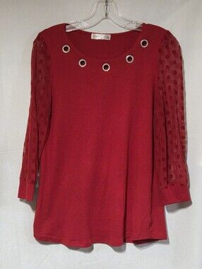 Retrlogy Rhinestone Red Eyelet Accent Sheer Sleeve Top -